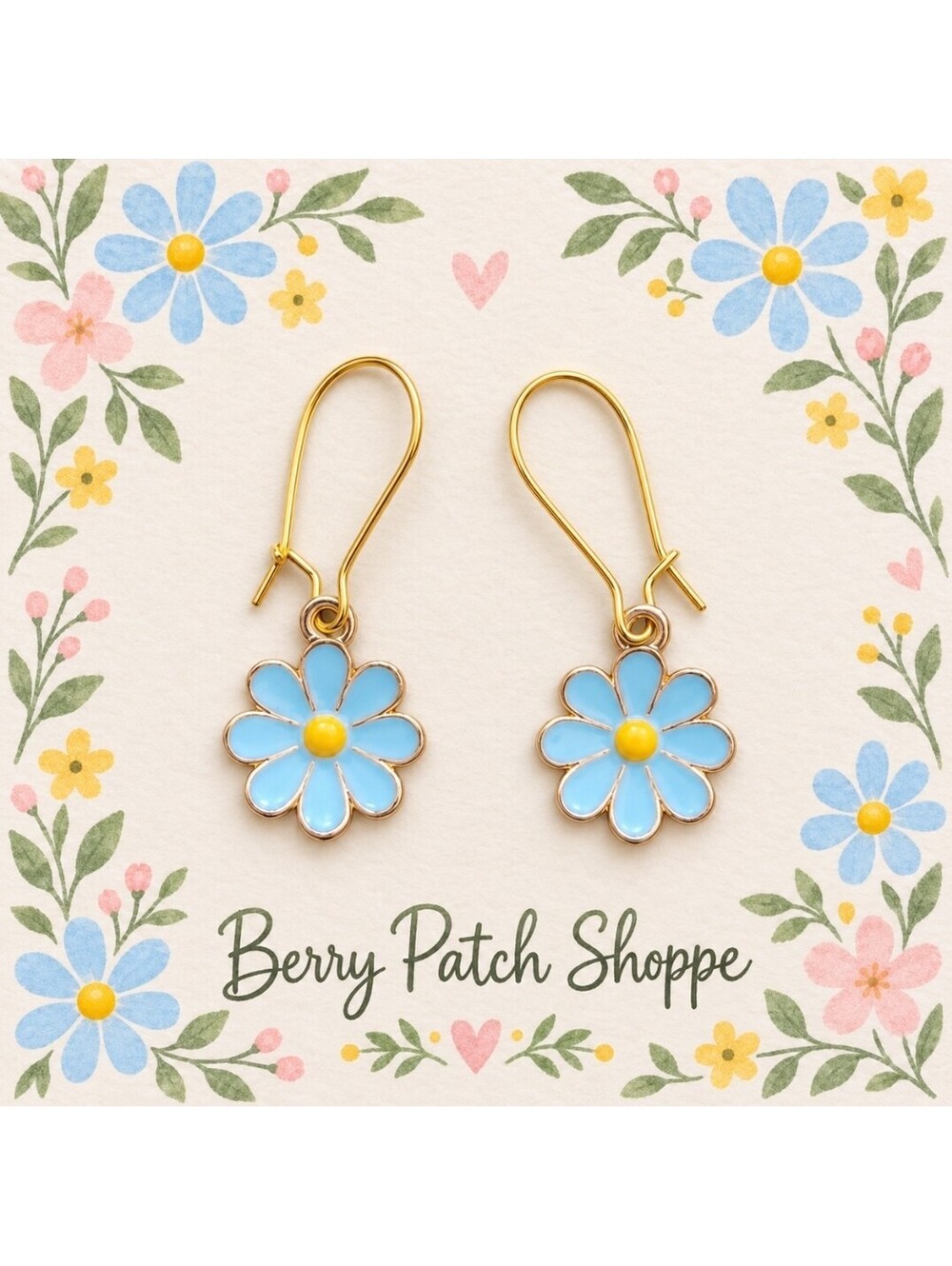 Blue Daisy Flower Dangle Earrings Gold Tone | Cute Floral Spring Earrings